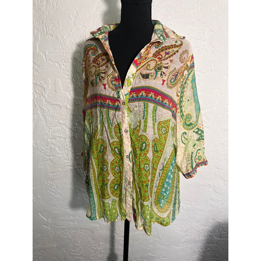 Emma Fashion Paisley Boho Button Front Blouse L XL Green‎ Viscose Silk Blend Top